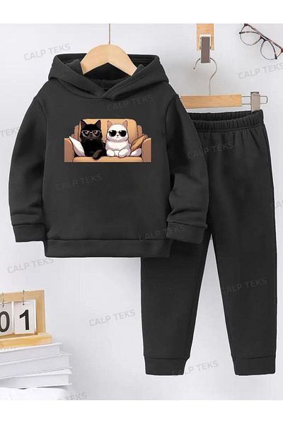 CALP TEKS Cats on the Sofa Printed Thick Hooded Personalized Tracksuit Set