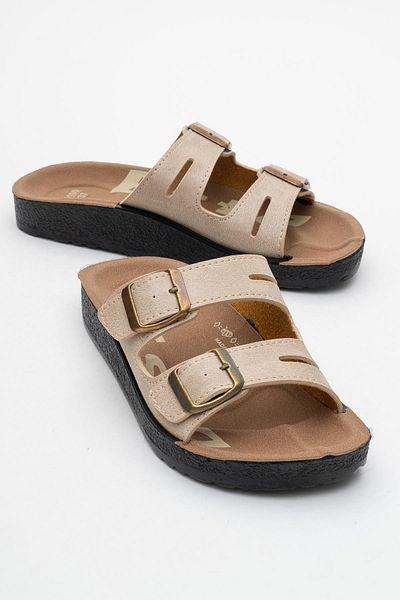 CCWAY AYAKKABI Women's Flat Slippers with Flip Flop Buckle Beige