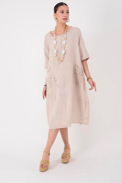Park Moda 10734 Lova Raised Fringe Detail Single Pocket Linen Dress