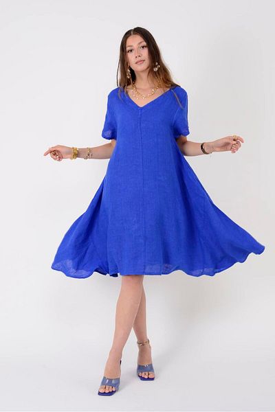 Park Moda 71301 Front Back V-Neck Short Linen Dress
