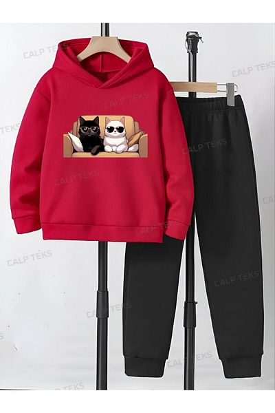 CALP TEKS Cats in the Seat Printed Thick Hooded Winter Tracksuit Set