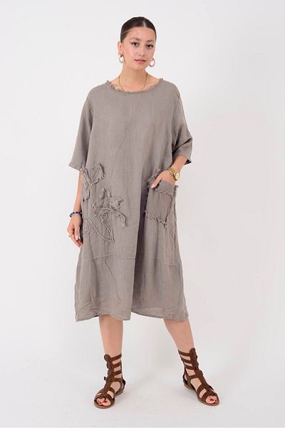 Park Moda 10734 Lova Raised Fringe Detail Single Pocket Linen Dress