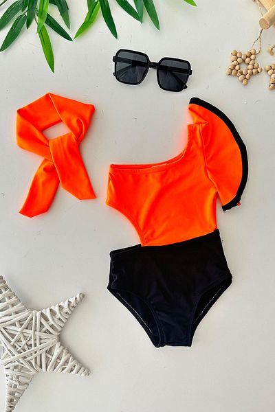 Minigimin Cicileri My Little Girl's One Shoulder Flared Girl's Swimsuit - Orange