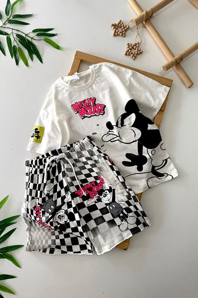 Minigimin Cicileri Unisex Children's Shorts Set with My Little Pimples Checkerboard Vintage Detail - White