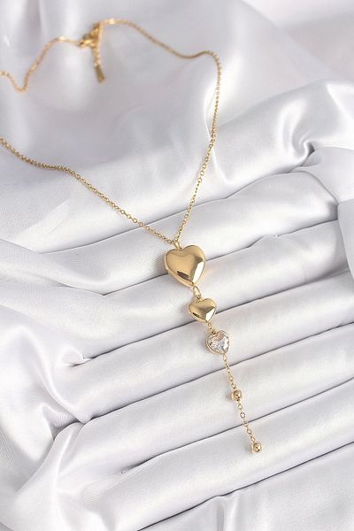 Skygo 316L Steel Gold Color Hanging Heart Model Zircon Stone Detailed Women's Necklace