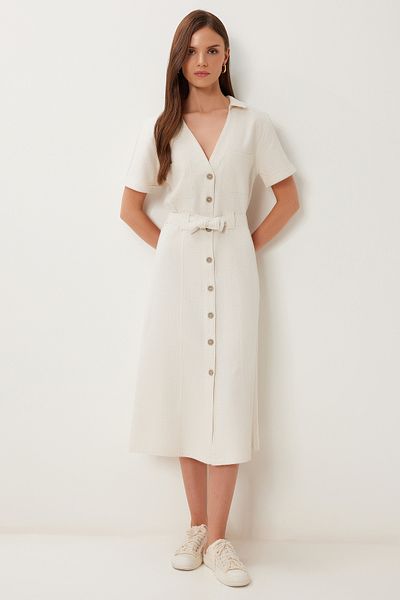 Lovelyİstanbul Belted Midi Linen Shirt Dress