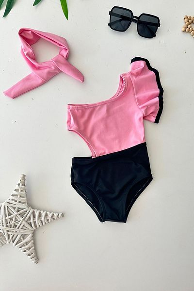 Minigimin Cicileri My Little Girl's Single Shoulder Flared Girl's Swimsuit - Pink
