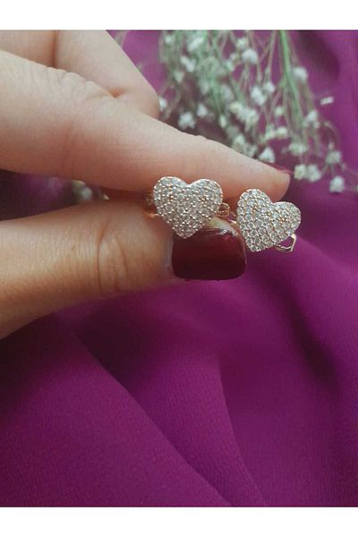 Gold Tasarım Heart Steel Earrings with Stones