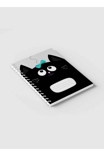 LOWHA Spiral Notebook with Front and Back Hard Covers Featuring Cartoon Black Cat Blue Ribbon Design