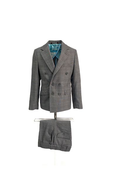 Micio Boy's Gray Plaid Double Breasted Jacket Patternless Hidden Elastic Pants Modern Suit