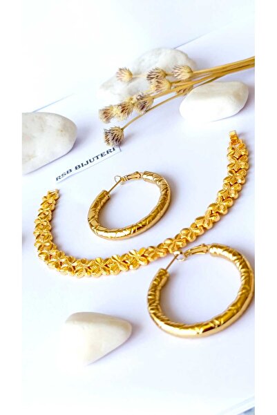 RSB Bijuteri Küpe Halka ve Bileklik 2'li Set Altın Kaplama 316 L Çelik + Hedi...