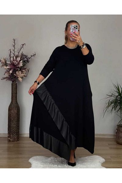 KLEERMAKER Women's Plus Size Cotton Viscose Fabric Black Skirt Leather Detailed Pocket Dress