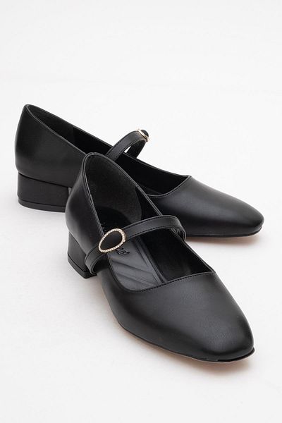 CCWAY AYAKKABI Women's Buckle Heeled Shoes Black Skin