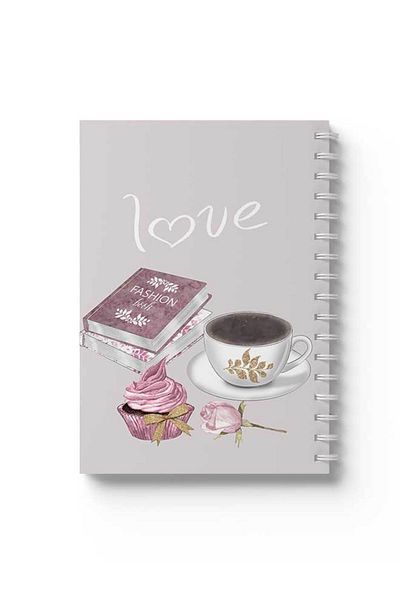 LOWHA Spiral Notebook with Front and Back Hard Covers Featuring Love with Coffe And Cake Design