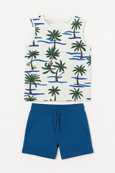 Magu Boys' Cotton Palm Print Tank Shorts Set - Summer Tropical Print