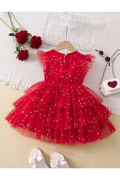 OEM Red dress with gold stars for girls made of lace/tulle in 3 layers, 116 cm, 6 years