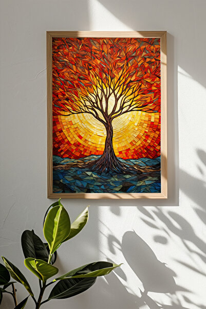 Mosaic Themed Table with One-Piece Real Raw Wood Frame - Model 5