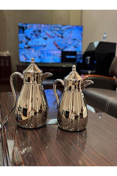 aljahwari Qamar Thermos Set, 2 Pieces, Matte Silver