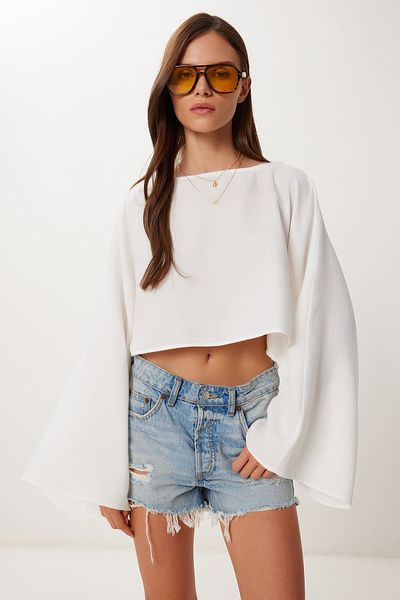 Lovelyİstanbul Bluză Crop Muslină cu mâneci liliac