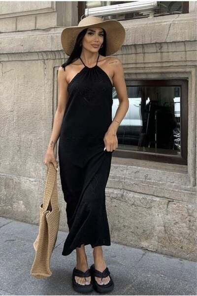 caddstore Sv 024324 فستان تريكو أسود مكشوف الظهر