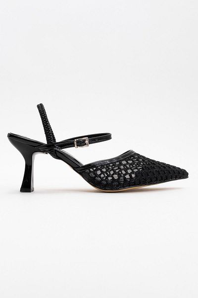 CCWAY AYAKKABI Pantofi de damă cu toc din plasă cu spate elastic Piele lacuită NEGRĂ