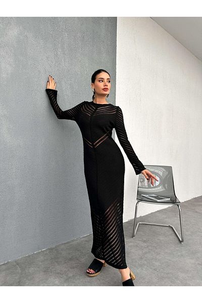 caddstore Sv Slit Detailed Long Sleeve Black Maxi Dress
