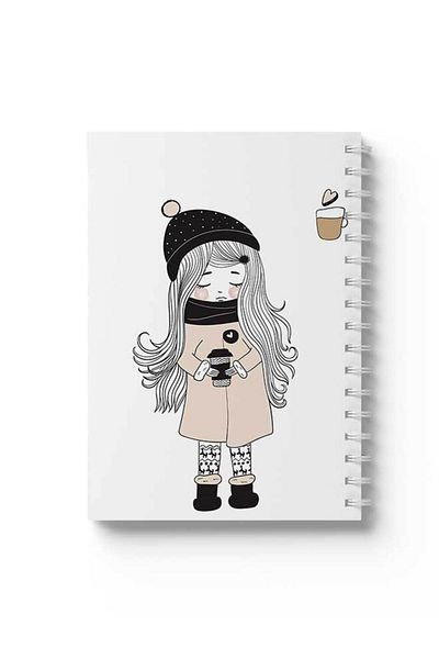LOWHA Spiral Notebook with Front and Back Hard Covers Featuring Girl with Coffee Design