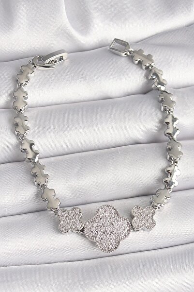Skygo Brass Silver Color Zircon Stone Clover Model Chain Model Women's Bracelet