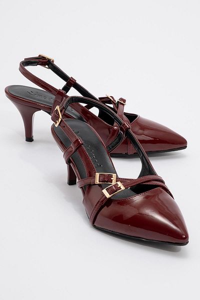 CCWAY AYAKKABI Women's 3 Buckle Heeled Shoes Claret Red Patent Leather