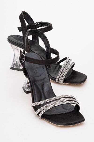 CCWAY AYAKKABI Women's Stone Heeled Shoes BLACK SATIN