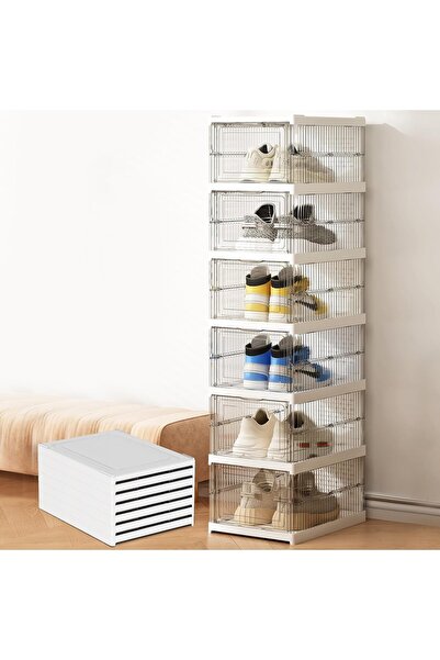 Cozy Nest Foldable 6-Tier Shoe Rack Organizer with Doors Clear Plastic Expandable Shoe Box Cabinet for Home