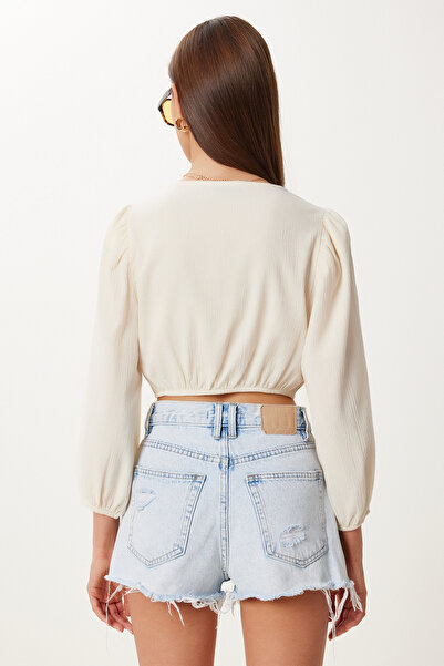 Lovelyİstanbul Crop Linen Blouse with Tie Detail