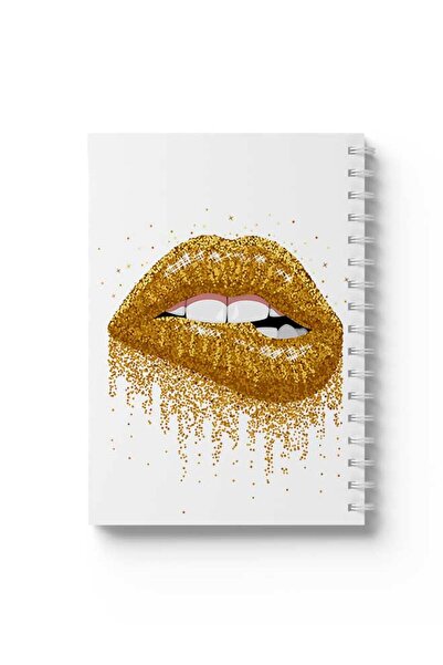 LOWHA دفتر ملاحظات حلزوني مع غلافين أمامي وخلفي صلبين بتصميم شفاه ذهبية