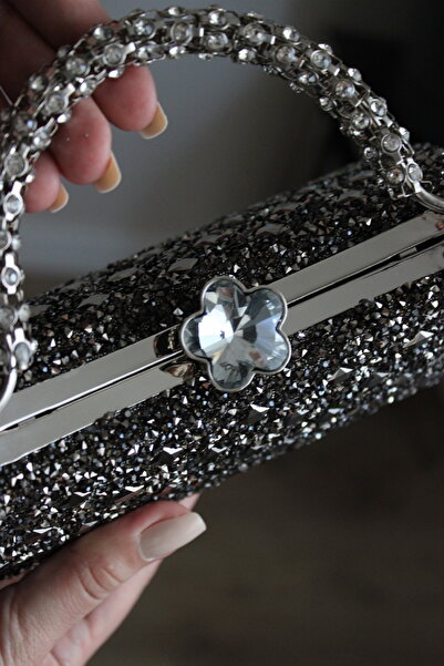 mossi Flower Shaped Scholarship Evening Bag with Stone Detail on the Handle and Stones on Both Sides