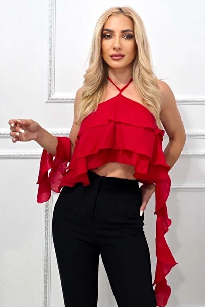 FashionForYou Yuna elegant top, with asymmetrical oversized ruffles, Red