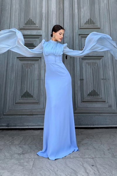 lodmela Rochie de seară cu ajustare a mărimii, cu detaliu de broderie cu mărgele în talie 2325-albastru