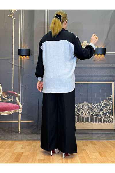 Yeşilmoda Suit,Summer,Women'S,Wide Leg, Split, Button,Linen,Applique Pocket,Shirt and Pants,High Waist
