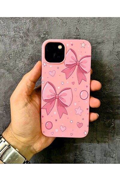 İPHONE 13-14 Uyumlu Kurdela Desenli Doodle Pembe Kılıf