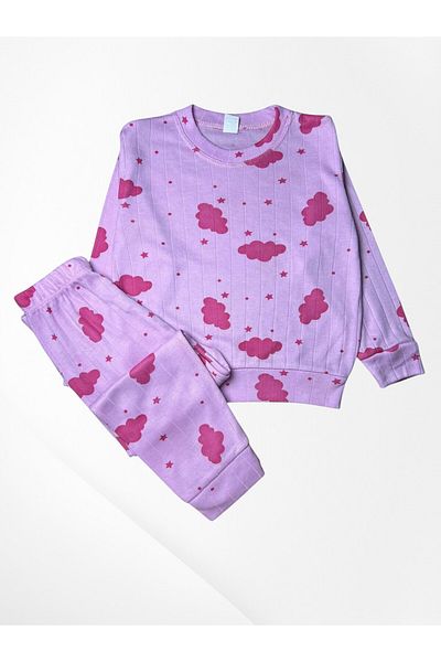 Pajama Shop Girls' Cotton Fabric Lilac Color Ribbed Cloud Patterned Long Sleeve Winter Pajama Set