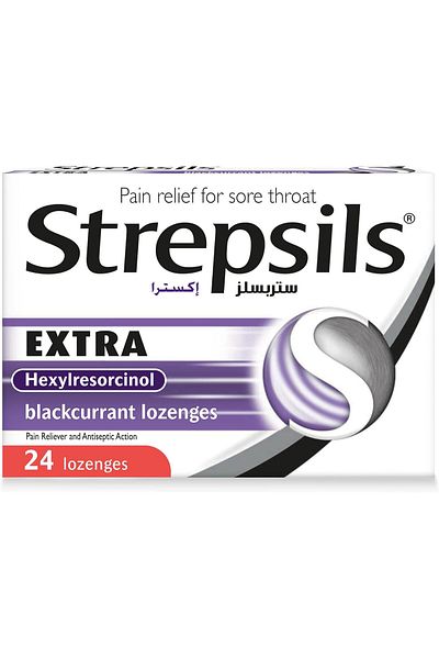 STREPSİLS Extra Blackcurrant Lozenges, Double Action, Effective Pain Relief For Sore Throats, 24 Loz