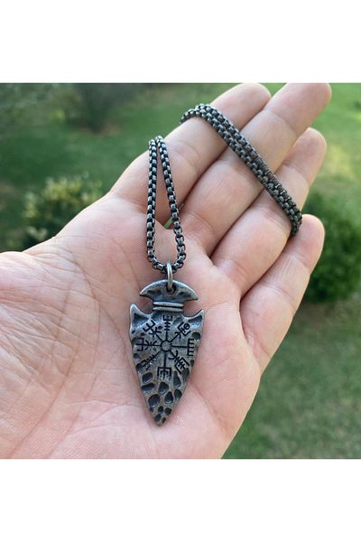 Viking Compass Arrowhead Runic Alphabet 316L Stainless Steel Necklace