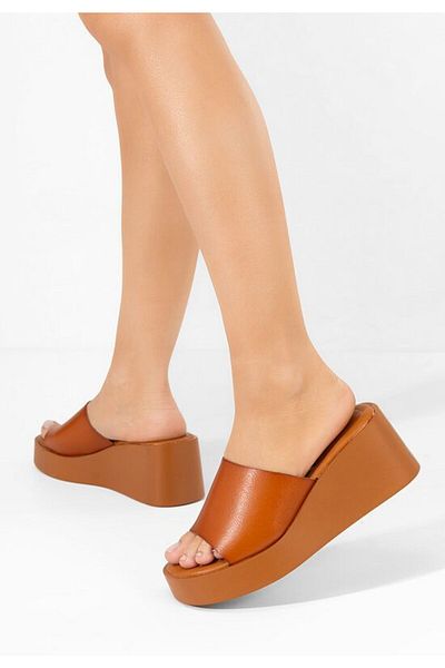 B T Shoes Kamilya camel platform slippers