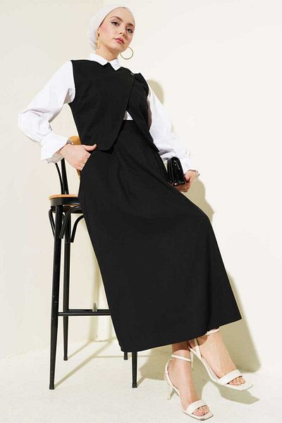 Fi-MA Asymmetric Collar Vest Skirt Suit - Gray