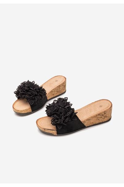 B T Shoes Black Floralia platform slippers