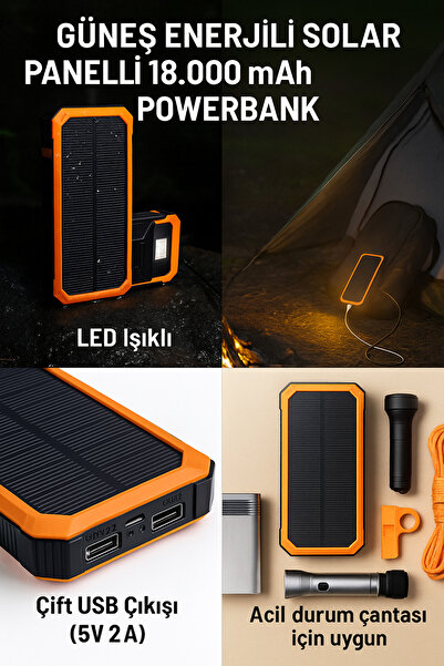 emybox Güneş Enerji Solar Panelli 18.000 mah Led Işıklı Powerbank Güç Bankası