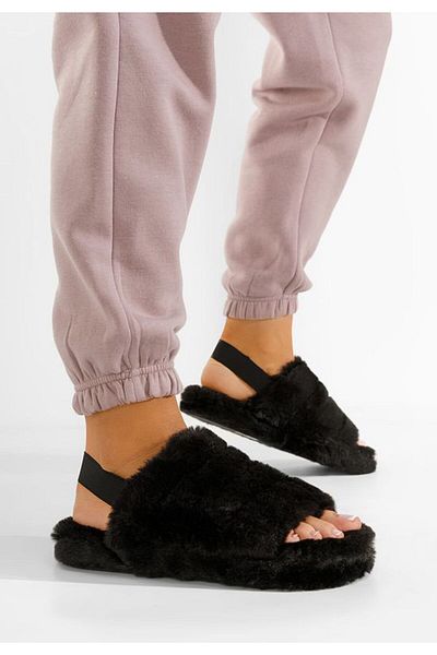 B T Shoes Black fluffy slippers Quenta