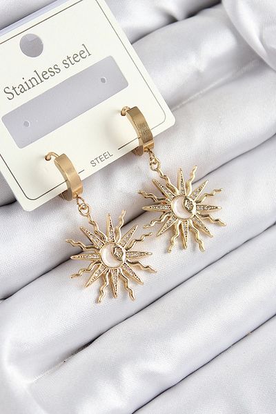 GLIMMERY 316L Steel Zircon Stone Dangle Sun Model Gold Color Women's Earrings