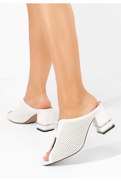 B T Shoes Papuci cu toc gros Chantela albi