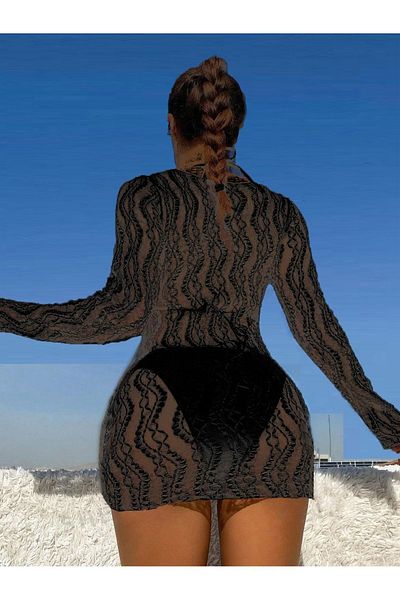 Qvien Secret Slim Lace Beach Dress Front Shirred Long Sleeve Mini Attractive Beachwear