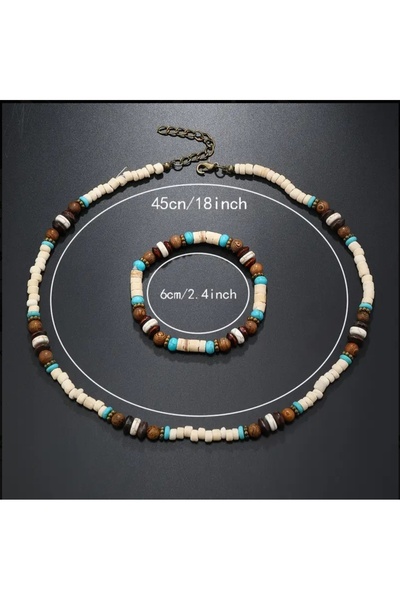 ORGANICYOU Yiwushi 2Pcs Men Bohemian Coconut Shell Wood Beads Necklace & Bracelet Set